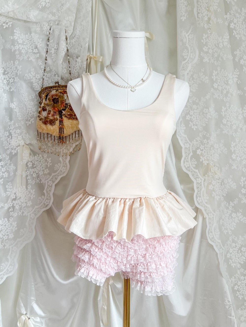 Cream Peplum Balletcore Ruffle Hem Sleeveless Tank Top